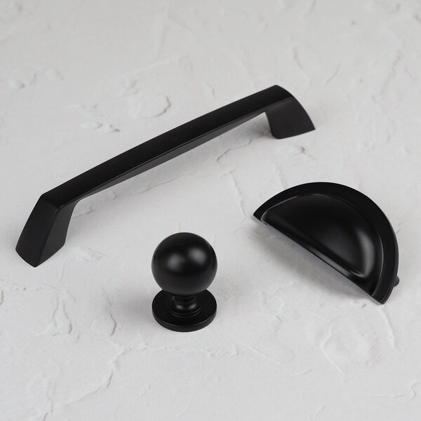 Matt Black Kitchen Cabinet D Handle 160mm Shaker Cup Handle 76mm & Matching Round Knob Bedroom Bathroom Cupboard Door Drawer Pull