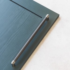 May include: A dark green cabinet door with a silver and black pull handle.