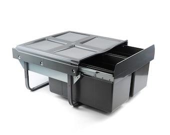 Papelera montada en base gris oscuro de 36 L para gabinete de 600 mm con puerta abatible 2 compartimentos de 18 L Papelera de reciclaje Papelera debajo del mostrador Organizador compacto