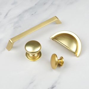 Brushed Brass Kitchen Handles 64mm Cup 160mm Tapered Handle Pull Matching 38mm & 42mm Knobs Bathroom Bedroom Cupboard Door Drawer Gold