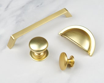 Brushed Brass Kitchen Handles 64mm Cup 160mm Tapered Handle Pull Matching 38mm & 42mm Knobs Bathroom Bedroom Cupboard Door Drawer Gold