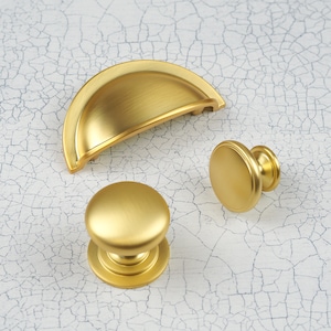Dark Brass Cabinet Cup Handle & Matching Knobs Brushed Gold Cup Door Drawer Kitchen Pull 64mm Wardrobe Furniture Replacement Upcycle