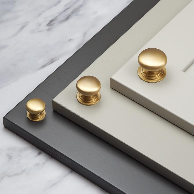 Solid Brass Kitchen Cup Handle & Matching Knobs Satin Gold Cabinet ...