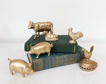 Farm Animal Figurines. Vintage Brass Animals. Cows. Pigs. Roosters.