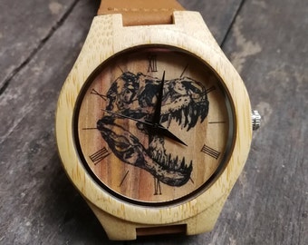 Dinosaurier-Uhr, Tyrannosaurus-Liebhaber-Uhr, Unisex-Uhr, Bambus-Holzuhr, personalisiertes Geschenk für Geburtstag, Jahrestag und Festival