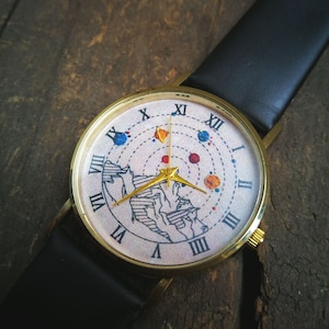 Horloge zonnestelsel, bedrukking/afbeelding NIET anglicaan, uniseks horloge, metalen horloge, gepersonaliseerd cadeau voor verjaardag, jubileum en festival afbeelding 3