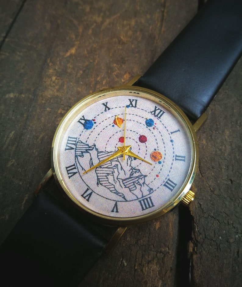 Horloge zonnestelsel, bedrukking/afbeelding NIET anglicaan, uniseks horloge, metalen horloge, gepersonaliseerd cadeau voor verjaardag, jubileum en festival afbeelding 3