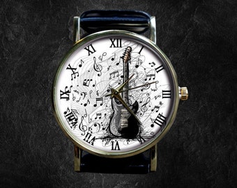 Reloj para amantes de la guitarra, reloj de Halloween, relojes para hombre, reloj gótico de murciélago para hombre, relojes únicos, cuero