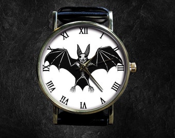 Bat watch, Wrist watch skeleton of a bat, Halloween watch, men's watches, Men's goth bat watch, unique watches, leather watches