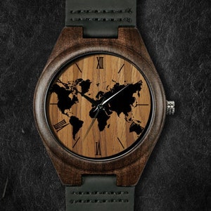 Wereldkaarthorloge, Wood Lover-horloge, uniseks horloge, walnoothouten horloge, gepersonaliseerd cadeau voor verjaardag, kerst
