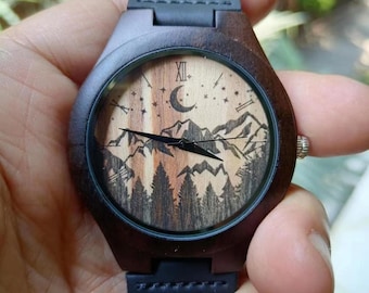 montre lune et montagnes, montre ampli, montre unisexe, montre en bois de bambou, cadeau personnalisé pour Noël, anniversaire et anniversaire de mariage