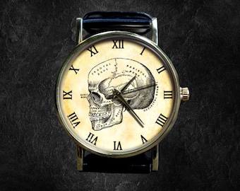 Vintage menschliche Schädeluhr | Uhr zur menschlichen Anatomie | Lederuhr | Damenuhr | Herrenuhr | Unisex | Geburtstagsgeschenk | Handgefertigt