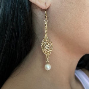 Pearl Drop Earrings Wire Crochet Earrings Pearl Earrings Gold and Pearl Earrings Lightweight Earrings Formal Drop Earrings Delicate Jewelry