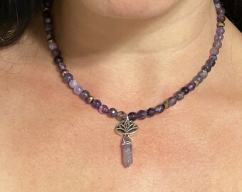 Amethyst Necklace with Lotus Bead Purple Necklace Stone Beads Beaded Necklace Amethyst Bead Necklace Crystal Necklace Lotus Jewelry