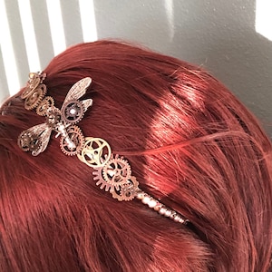 Steampunk Dragonfly Headband, Gears & Beaded Hair Accessory
