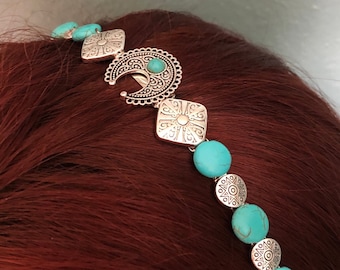 Turquoise Headband Southwestern style hairband Turquoise and Silver Hair accessory Metal headband Beaded headband Stone hair jewelry moon