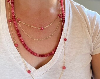 Multi Strand Bead and Chain Necklace Layered necklace Pink and Gold necklace Pink bead Feminine necklace Multistrand Dainty Delicate jewelry