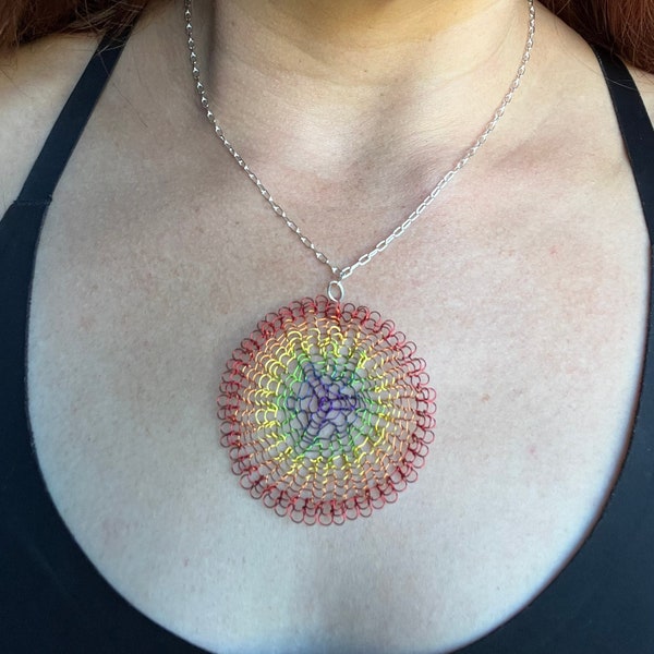 Circle Wire Crochet Pendant Necklace Rainbow Necklace Crochet Jewelry Circular Pendant Large Pride necklace Delicate Jewelry Colorful