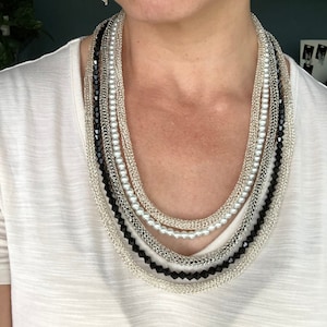 Silver Pearl and Black Statement Necklace Layered Necklace Formal Beaded Necklace Black and Silver and Pearls Formal Necklace Large Necklace