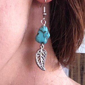 Silver Leaf Turquoise Earrings Stone earrings Turquoise jewelry Hippie Jewelry Nature earring Southwestern style Earring Silver leaf Jewelry
