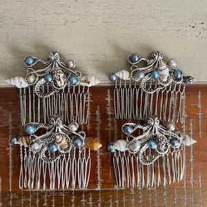 Peine Kraken, peine para el cabello, accesorios para el cabello de pulpo, peine de perla, peine de concha marina, pulpo steampunk, peine de perlas de agua dulce para novia, peinado con temática marina