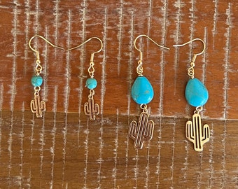Gold and Turquoise Cactus Earrings Cactus Jewelry Golden Cactus earrings Turquoise earrings Turquoise and Gold earrings Southwestern Jewelry