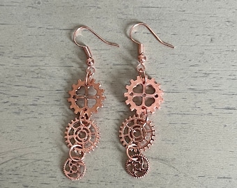 Kolczyki Steampunk w kolorze różowego złota Kolczyki z zębami Kolczyki wiszące Biżuteria Steampunk Długie kolczyki wiszące Kolczyki na Halloween Biżuteria ślubna Steampunk