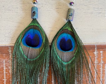 Feather Earrings Peacock Feathers Colorful Feather Earrings Boho Jewelery Feather Jewelry Beaded Feather Earrings Large Earrings Flashy