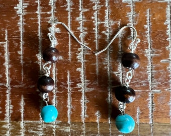 Turquoise and Wooden Bead Earrings Drop Earring Southwestern Style Wood Beads Turquoise Jewelry Silver Wire Beaded Jewelry