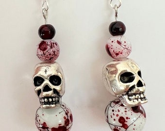 Blood and Skull Earrings Goth Earrings Skull Jewelry Beaded Earrings Large Earrings Halloween Earrings Bloody Earrings Horror Jewelry