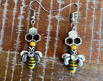 Bee Earrings honey comb earrings beaded earrings bee lover earrings yellow black and silver earrings dangle earrings save the bees earrings