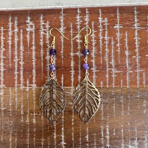 Golden Leaf Earrings Amethyst and Gold Pink and Gold Leave Jewelry Summer Jewelry Gold Earrings Large Drop Earrings Delicate Earrings