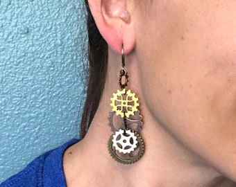 Steampunk Gear Drop Earrings, Nickel-Free Dangle Jewelry