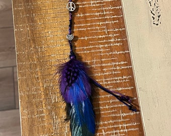 Peace Love Hair clip Metal Beads Clip Purple Feather Peace Hair charm Blue and Purple feather Hair clip Festival hair Feather Hair Accessory