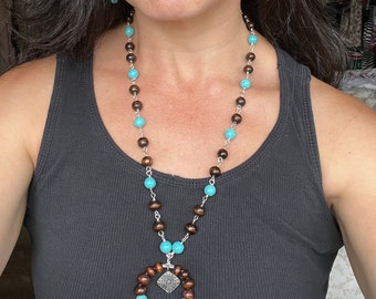 Turquoise and Wooden Bead Necklace Beaded Jewelry Turquoise Jewelry Southwestern Style Large Beaded Necklace