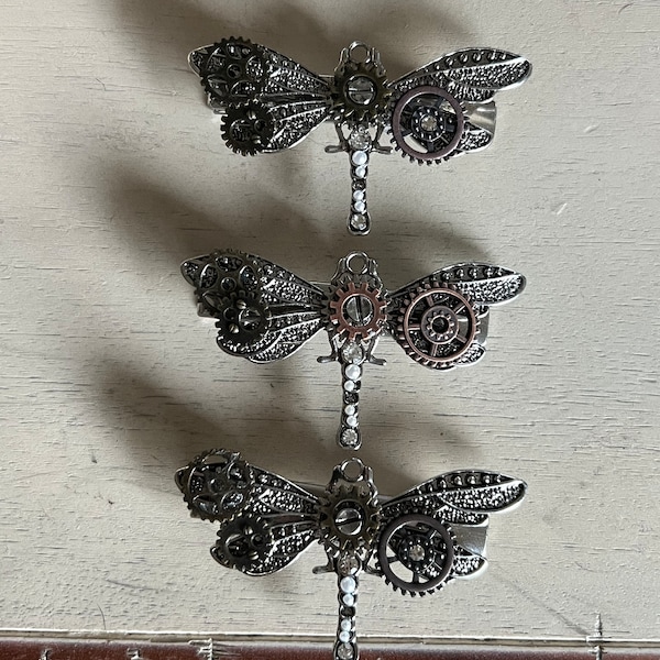 Steampunk Dragonfly Hair Clip steam punk barrette dragonfly lover Steampunk hair thick hair clip silver hair clip silver barrette punk hair