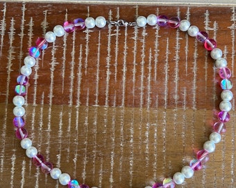 Iridescent Pink with Pearls Beaded Necklace Pink Pearl Necklace Pink Beads Pearl Beads Pearl Wedding Necklace Pink and White Beads