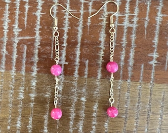 Pink Bead Earrings Pink Earrings Gold earrings Pink Jewelry Beaded Earrings Drop Earring Delicate Earrings Dainty Earrings Long Gold earring