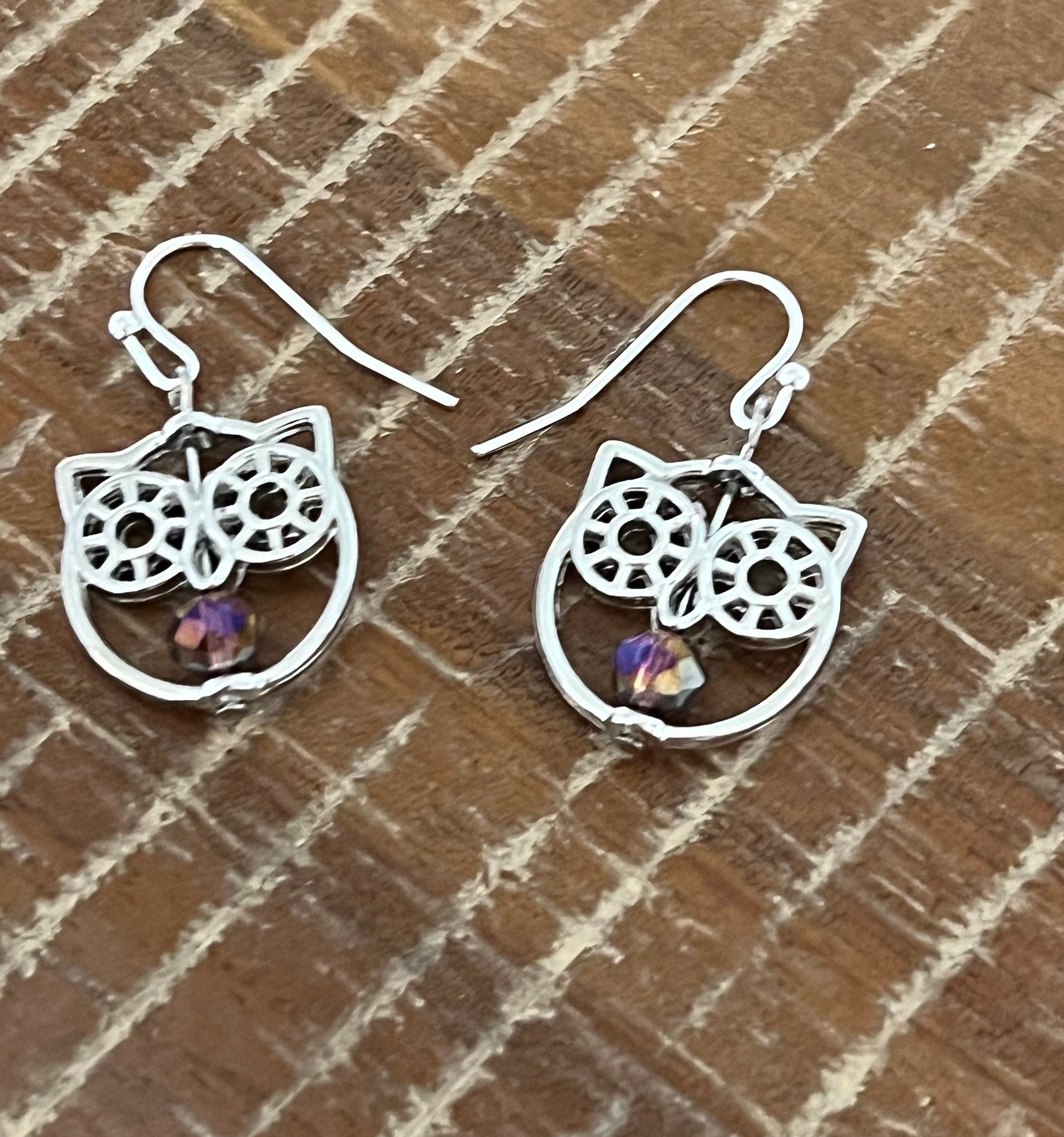 Silver Owl Earrings with Purple Faceted Beads