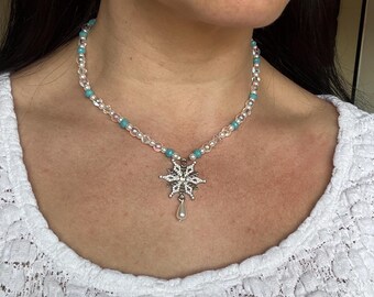 Snowflake necklace something blue winter wedding necklace snow princess beaded jewelry winter themed jewelry wedding jewelry