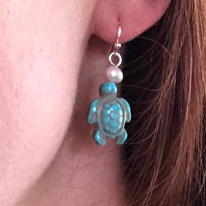 Ocean Life Turquoise Earrings Starfish Earrings Pearl Earrings Turtle Earrings Turquoise and Pearl Jewelry Pearl Earrings Summer Earrings