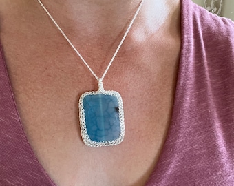 Agate Wire Crochet Pendant Silver and Aqua Silver and Teal Necklace Stone Necklace Wire Crochet Necklace Crochet Jewelry Wire Wrapped Stone