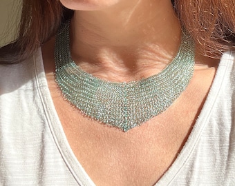 Handmade Silver Plated Wire Crochet Necklace, Lightweight Formal Jewelry