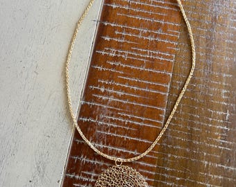 Circular Pendant Wire Crochet Necklace Circle Pendant Gold Necklace Crochet Jewelry Hand Stitched Necklace Wire Necklace Gold Lightweight