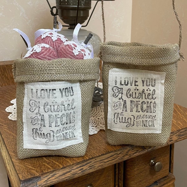 Burlap sack or hanging pouch/peg rack pouch/hanging bag/I love you/I love you a bushel and a peck/tiered tray/burlap bag/basket/bag/stamped