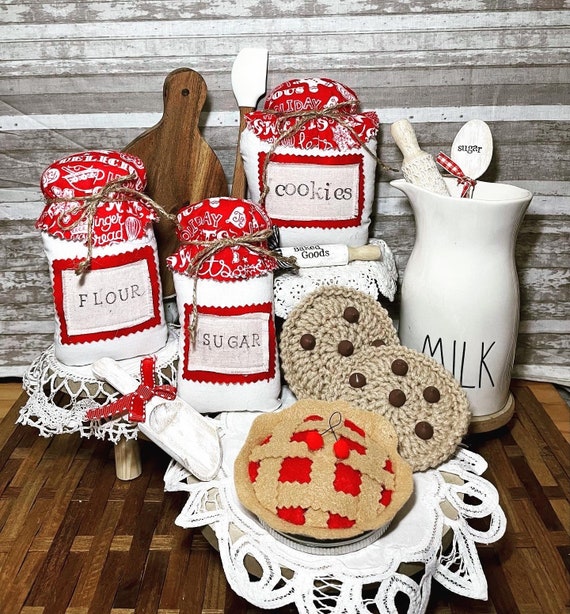 Flour Sugar and Cookie Canisters/baking/christmas Cookies/cookie Jar/ canisters/ Fabric/ Tiered Tray Decor/ Christmas Decor/ Baking Theme/jar 