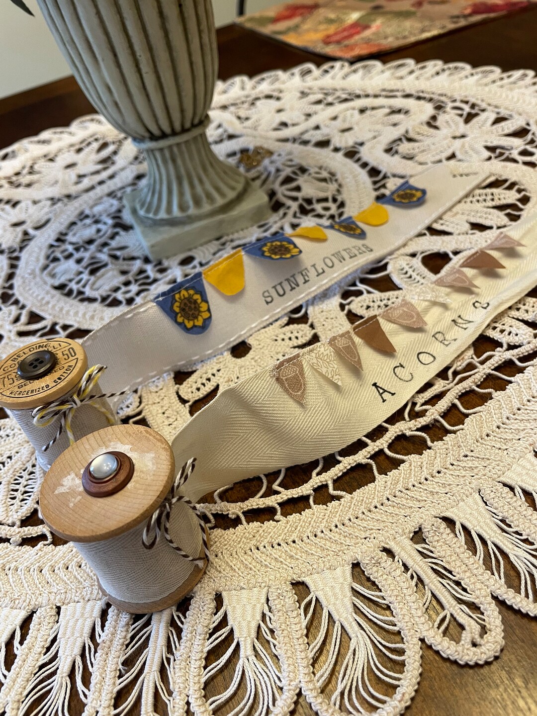 Sunflower Ribbon Spool Ribbon Spool/vintage Spool/acorns/sunflowers/ Tiered Tray Decor ...