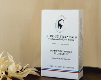 Shampoo sólido para barba e cabelo, pinho orgânico da região de Landes – 2 em 1, sem sulfatos – 100% natural – Tamanho viagem – Fabricado na França – 100 g