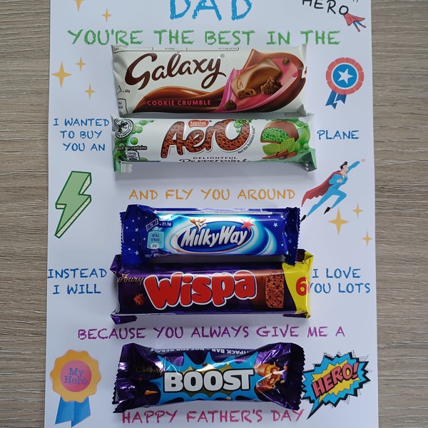 Personalised Fathers day Chocolate Message Card, Add Your Own Chocolate, Chocolate Poem Gift, Gift For Him, Gift For Dad, Grandad, Daddy, A4