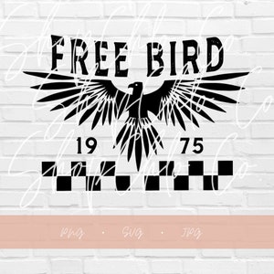 May include: Black and white graphic design featuring a stylized eagle with outstretched wings and the text "FREE BIRD" above it. The numbers "19" and "75" are below the eagle, and a black and white checkered pattern is below the numbers.